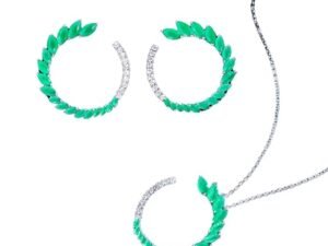 Half Round Green Leaf Shaped Marquise Cut Cubic Zircon Earrings and Necklace Set for Women