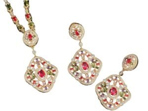 Elegant Multicolor Cubic Zircon Dubai Gold Plated Long Necklace and Earrings for Women