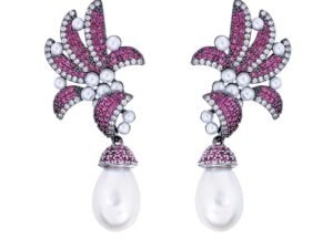 Glamorous Fuchsia Red Cubic Zirconia Pave Flower Leaf Long Dangle Earrings