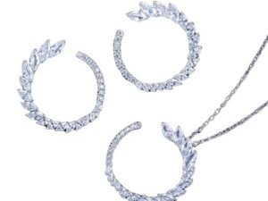 Marquise Cut Cubic Zirconia White Gold Plated Crystal Half Round Leaf Pendant and Earrings for Women