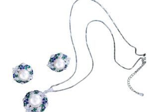 Elegant Flower Design Blue Green Cubic Zirconia Pearl Pendant and Earrings Set