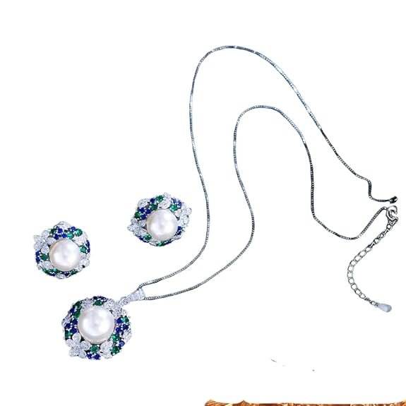 Elegant Flower Design Blue Green Cubic Zirconia Pearl Pendant and Earrings Set