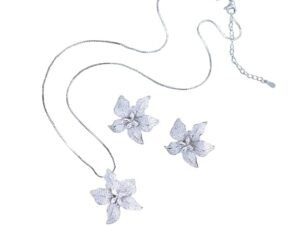 Shiny CZ Stone Big Flower Pendant and Earrings set for Women