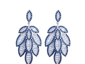 Blue Cubic Zirconia Pave Long Leaf Dangle Earrings for Women