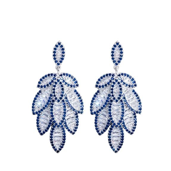 Blue Cubic Zirconia Pave Long Leaf Dangle Earrings for Women