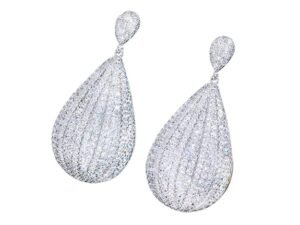 Shiny Full Cubic Zirconia Pave White Gold Long Dangling Big Water Drop Earrings