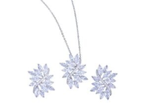 White Gold Plated Cubic Zirconia Big Delicate Leaf Shape Chain Pendant and Earrings set for Women